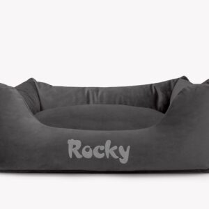 Cama para mascotas en color Antracita con cojín Antracita con bordado