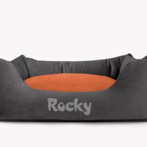 Cama para mascotas en color Antracita con cojín Teja con bordado