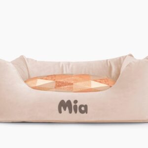 Cama para mascotas en color Beige con cojín Triángulos Teja con bordado