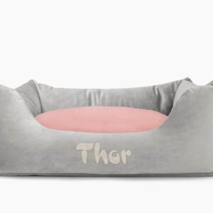 Cama para mascotas en color Gris con cojín Rosa Palo con bordado