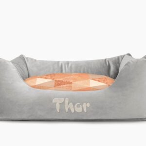 Cama para mascotas en color Gris con cojín Triángulos Teja con bordado