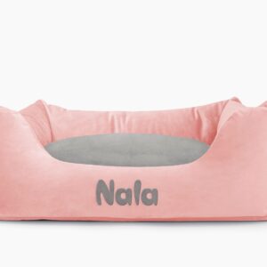 Cama para mascotas en color Rosa Palo con cojín Gris con bordado