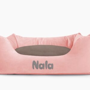 Cama para mascotas en color Rosa Palo con cojín Visón con bordado