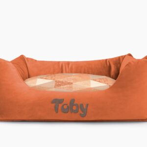 Cama para mascotas en color Teja con cojín Triángulos Teja con bordado