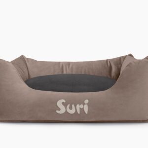 Cama para mascotas en color Visón con cojín Antracita con bordado